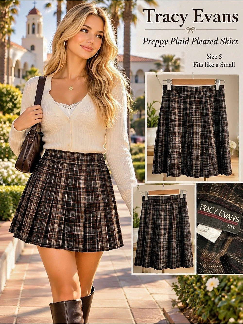 Tracy Evans Plaid Mini Skirt in Black & Brown Size Small